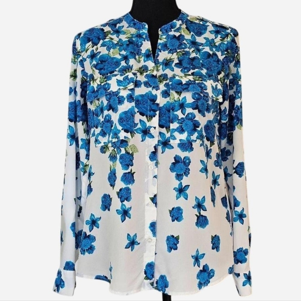 CALVIN KLEIN Women's‎ Blue Floral Roll Tab Long Sleeve Button-up Shirt. Sz XS
